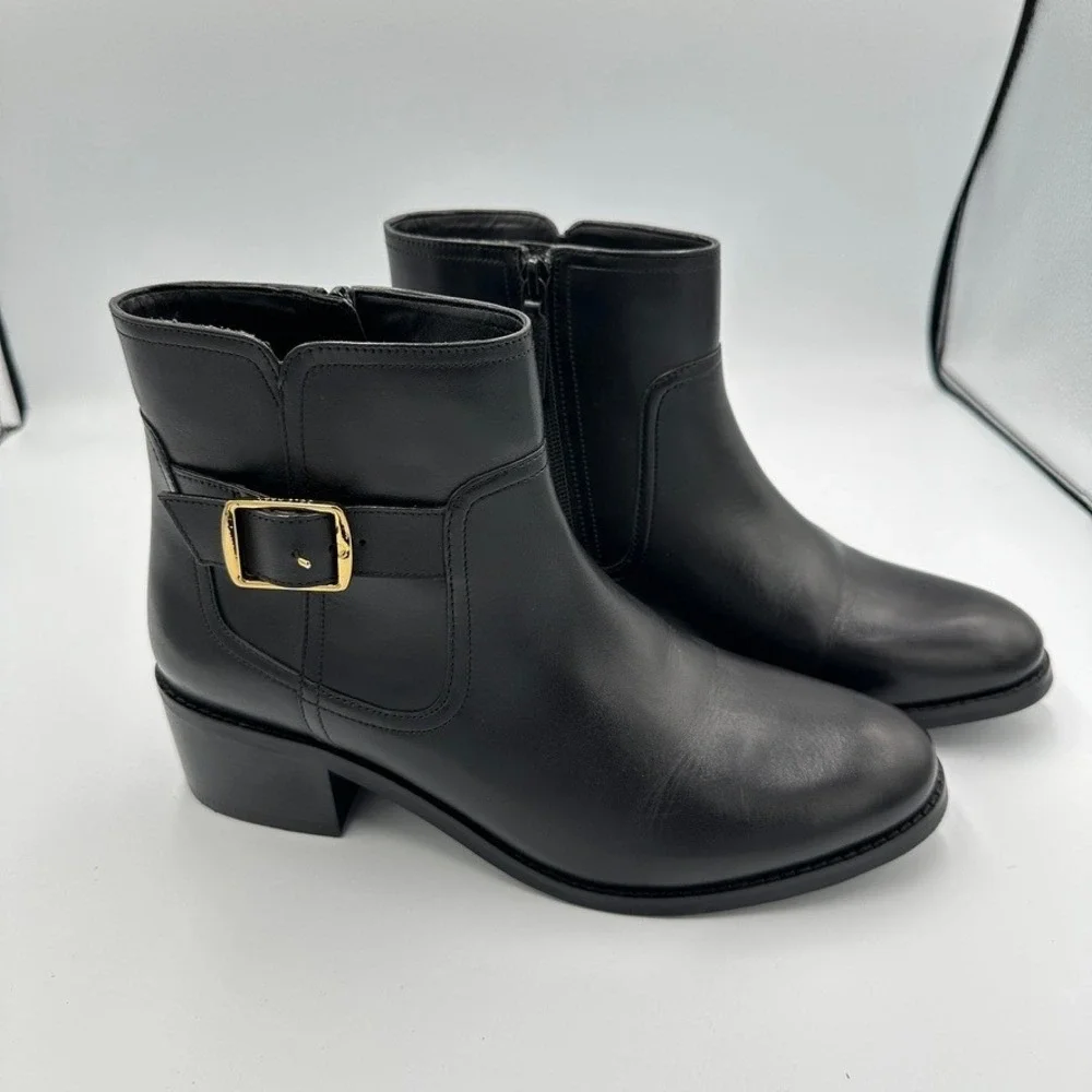 Cole Haan Women's Size 9 Black Leather Buckle Zip Ankle Boots Heels Classic City